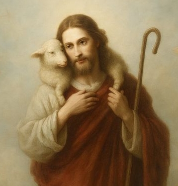 The Good Shepherd carries the lost sheep on His shoulders.