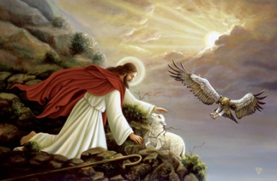 Jesus, the Good Shepherd, finds the lost sheep. Pinxit O.D.M.