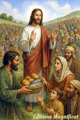 Jésus multiplie les pains et les poissons.